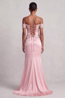 Laden Sie das Bild in den Galerie-Viewer, Rosa Schulterloses Gerafftes Satin Langes Abschlussballkleid mit Schlitz