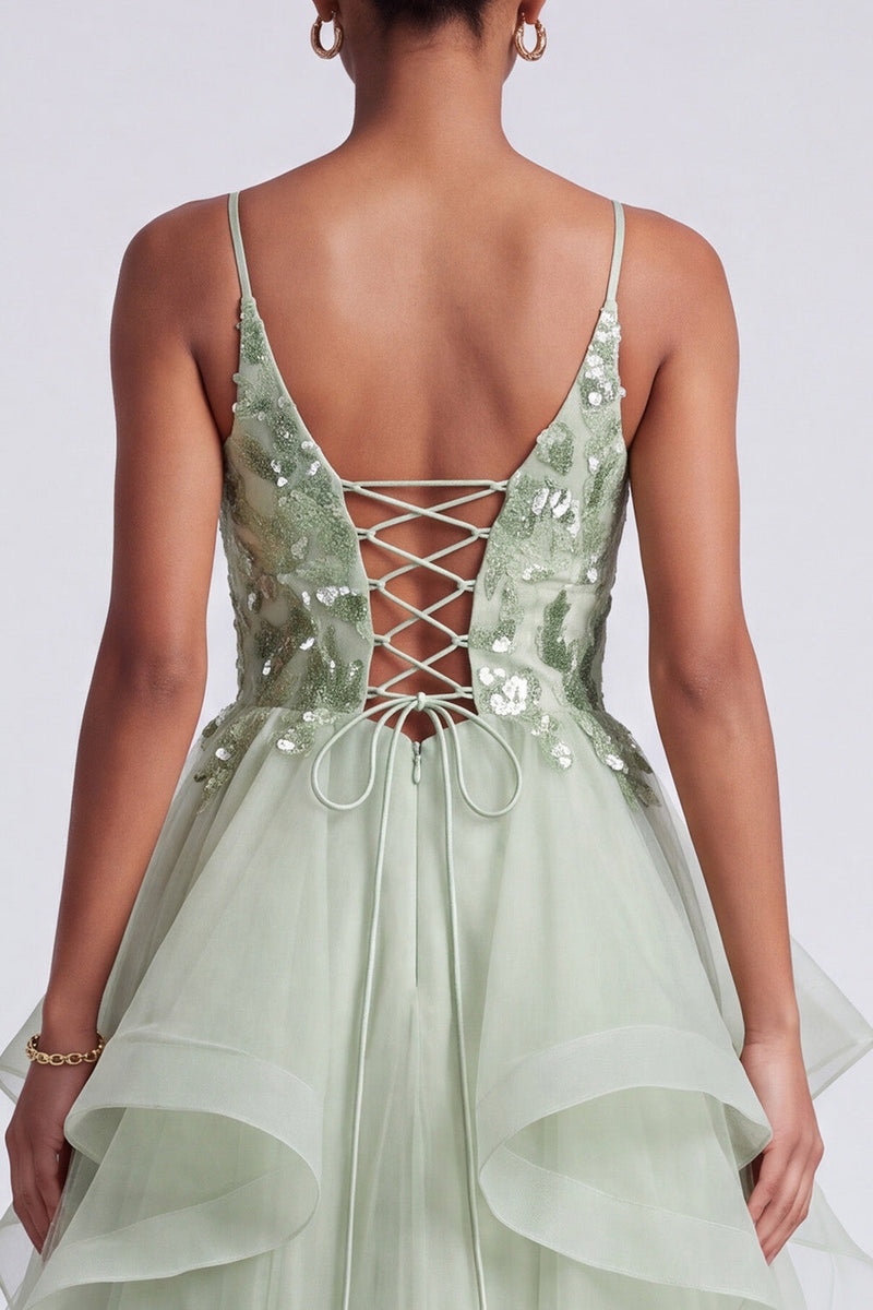 Laden Sie das Bild in den Galerie-Viewer, Hellgrünes A-Linie Spaghetti-Träger Gestuften Pailletten Langes Abschlussballkleid mit Applikationen