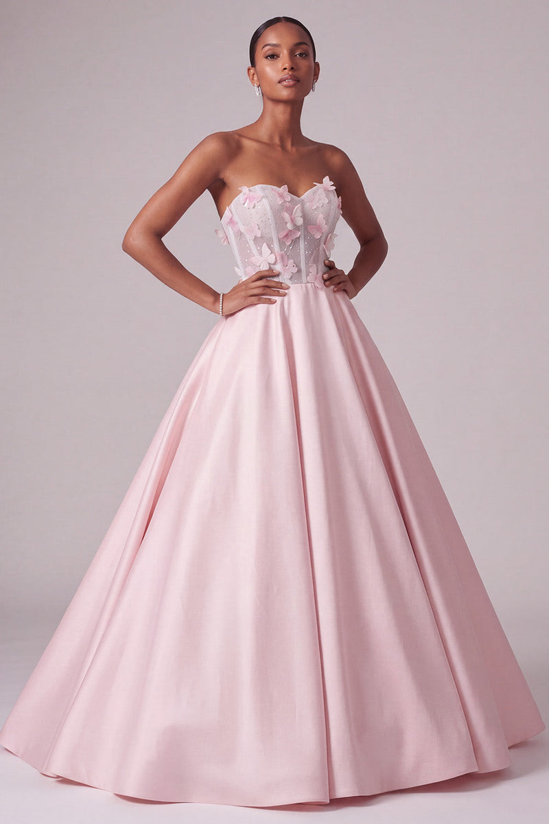 Laden Sie das Bild in den Galerie-Viewer, Blush Trägerloses Korsett Satin Durchsichtiges Langes Abschlussballkleid mit 3D-Schmetterlingsapplikationen