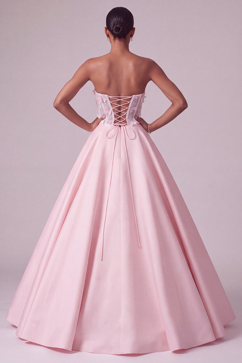 Laden Sie das Bild in den Galerie-Viewer, Blush Trägerloses Korsett Satin Durchsichtiges Langes Abschlussballkleid mit 3D-Schmetterlingsapplikationen