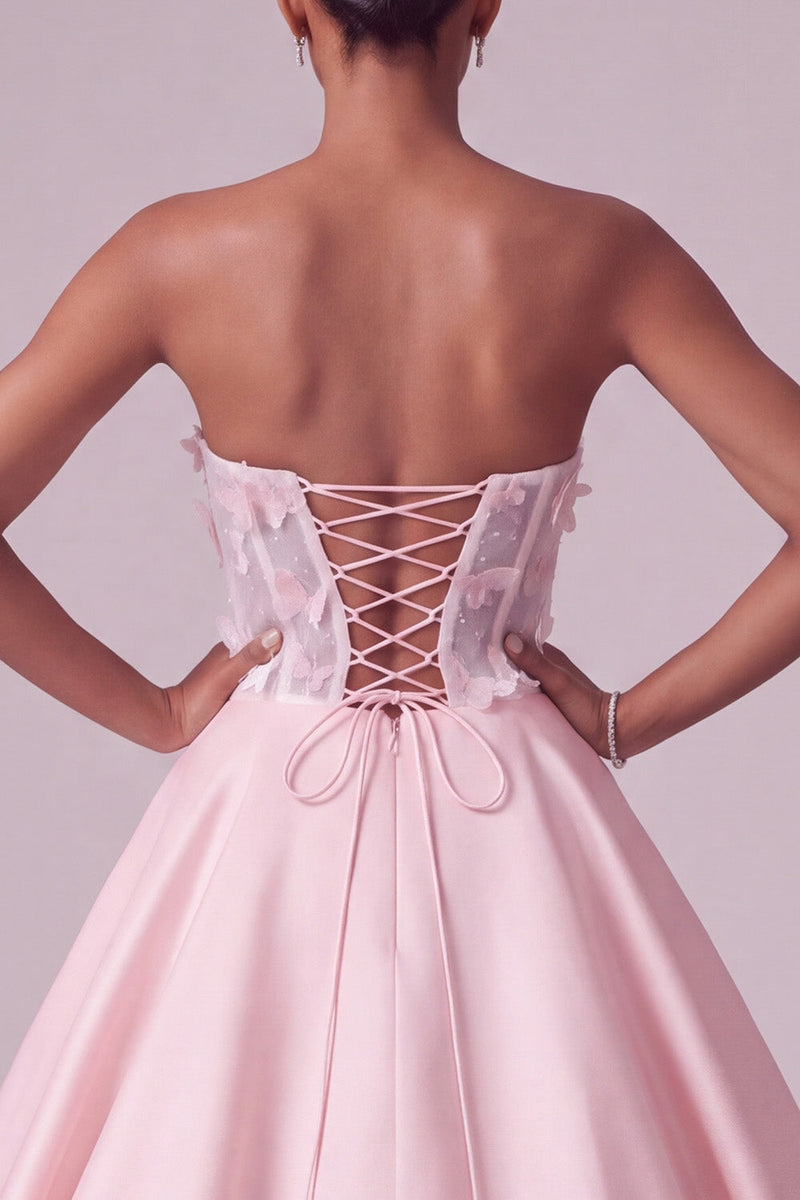 Laden Sie das Bild in den Galerie-Viewer, Blush Trägerloses Korsett Satin Durchsichtiges Langes Abschlussballkleid mit 3D-Schmetterlingsapplikationen