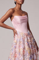 Laden Sie das Bild in den Galerie-Viewer, Satin Rosa Korsett Applikationen Perlen A-Linie Trägerloses Langes Ballkleid