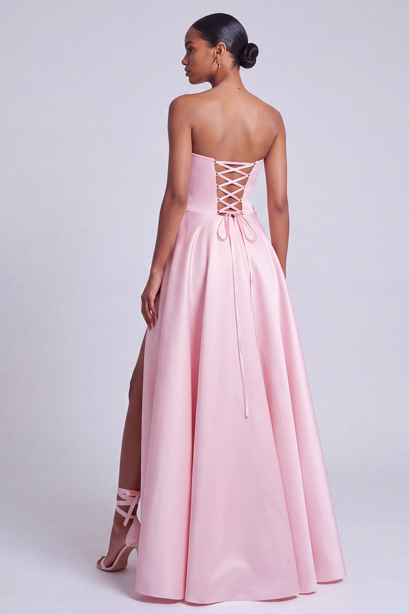 Laden Sie das Bild in den Galerie-Viewer, Rosa Satin Trägerloses Blumenapplikation A-Linie Langes Abschlussballkleid mit seitlichem Schlitz