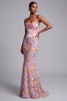 Laden Sie das Bild in den Galerie-Viewer, Korsett Rosa Trägerloses Satin Meerjungfrauen Perlen Blumenapplikationen Langes Abschlussballkleid