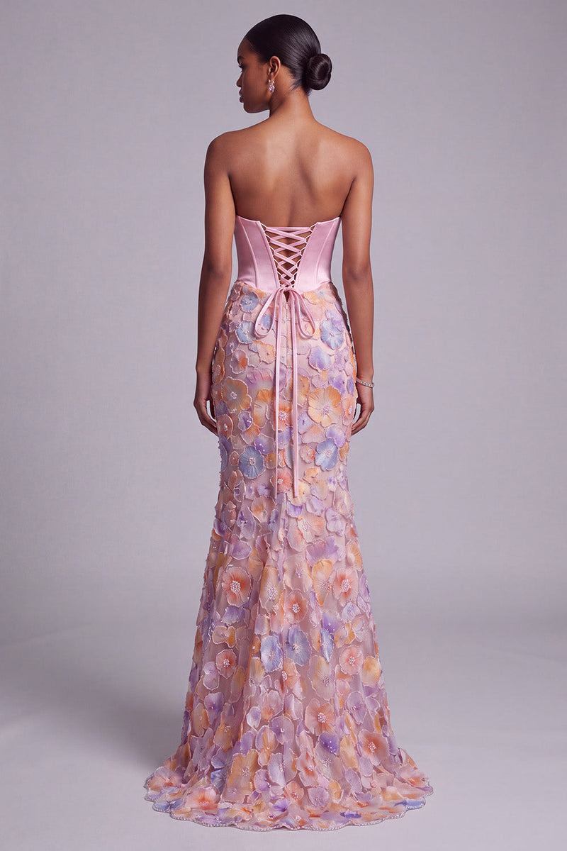 Laden Sie das Bild in den Galerie-Viewer, Korsett Rosa Trägerloses Satin Meerjungfrauen Perlen Blumenapplikationen Langes Abschlussballkleid