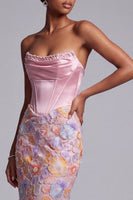 Laden Sie das Bild in den Galerie-Viewer, Korsett Rosa Trägerloses Satin Meerjungfrauen Perlen Blumenapplikationen Langes Abschlussballkleid