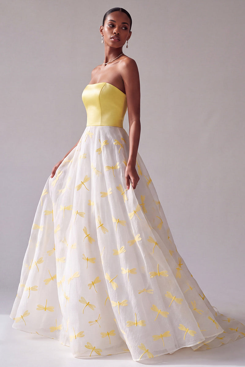 Laden Sie das Bild in den Galerie-Viewer, Gelbes Satin A-Linie Trägerloses Jacquard Langes Ballkleid