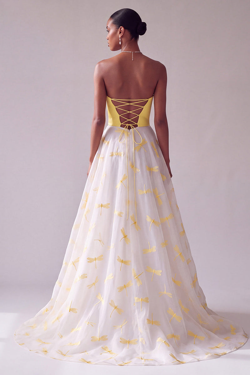 Laden Sie das Bild in den Galerie-Viewer, Gelbes Satin A-Linie Trägerloses Jacquard Langes Ballkleid