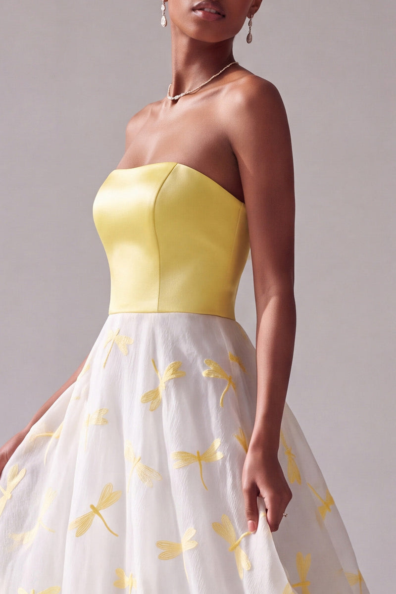Laden Sie das Bild in den Galerie-Viewer, Gelbes Satin A-Linie Trägerloses Jacquard Langes Ballkleid