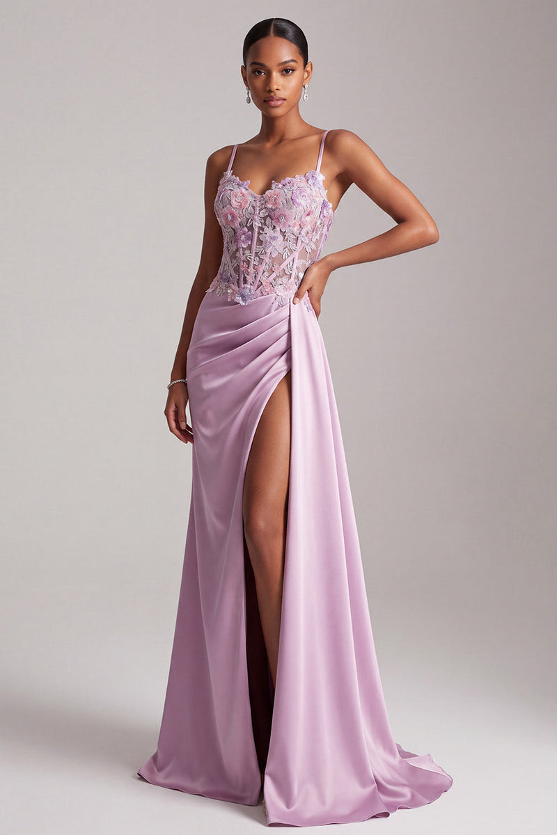 Laden Sie das Bild in den Galerie-Viewer, Hellviolette Meerjungfrauen Applikation Gerafftes Satin Langes Abendkleid mit Schlitz