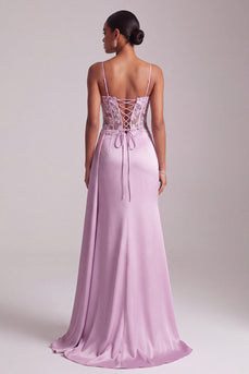 Hellviolette Meerjungfrauen Applikation Gerafftes Satin Langes Abendkleid mit Schlitz