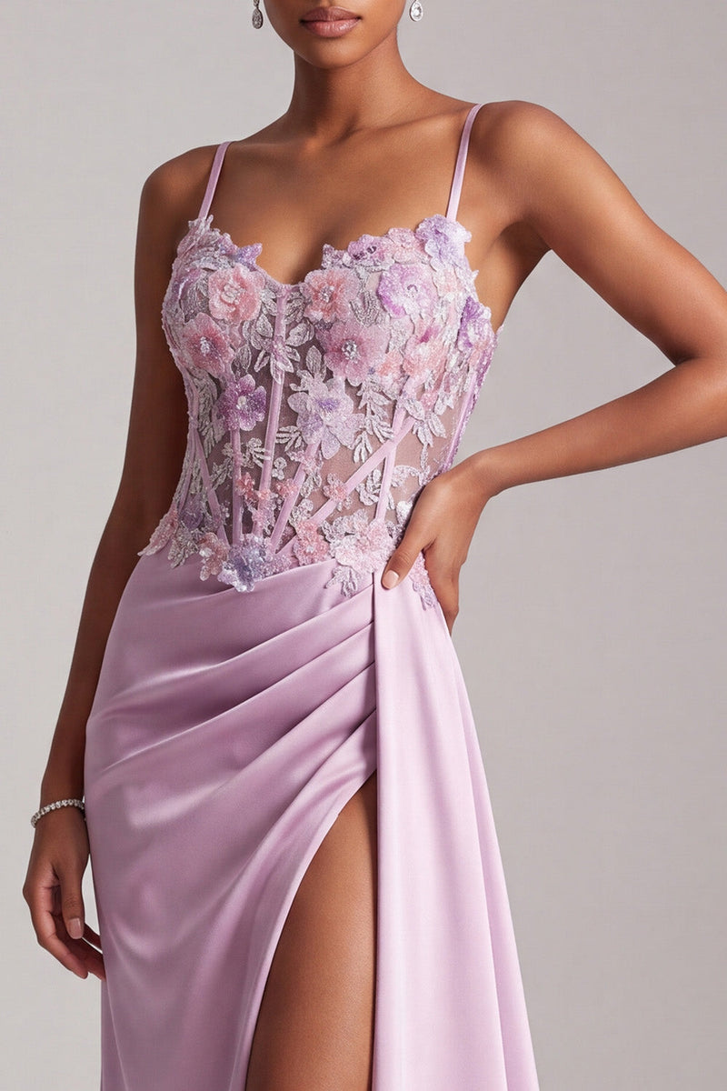 Laden Sie das Bild in den Galerie-Viewer, Hellviolette Meerjungfrauen Applikation Gerafftes Satin Langes Abendkleid mit Schlitz
