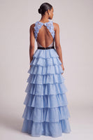 Laden Sie das Bild in den Galerie-Viewer, Hellblaues V-Ausschnitt Blumenapplikation Chiffon Stufen Rüschen Tüll Langes Ballkleid mit Schleife