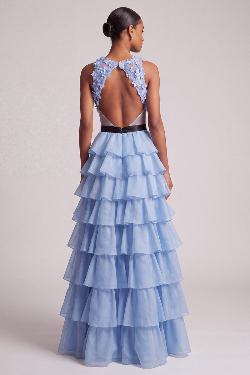 Laden Sie das Bild in den Galerie-Viewer, Hellblaues V-Ausschnitt Blumenapplikation Chiffon Stufen Rüschen Tüll Langes Ballkleid mit Schleife