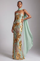 Laden Sie das Bild in den Galerie-Viewer, Trägerloses Goldenes Pailletten Abendkleid mit Chiffon-Drapierung