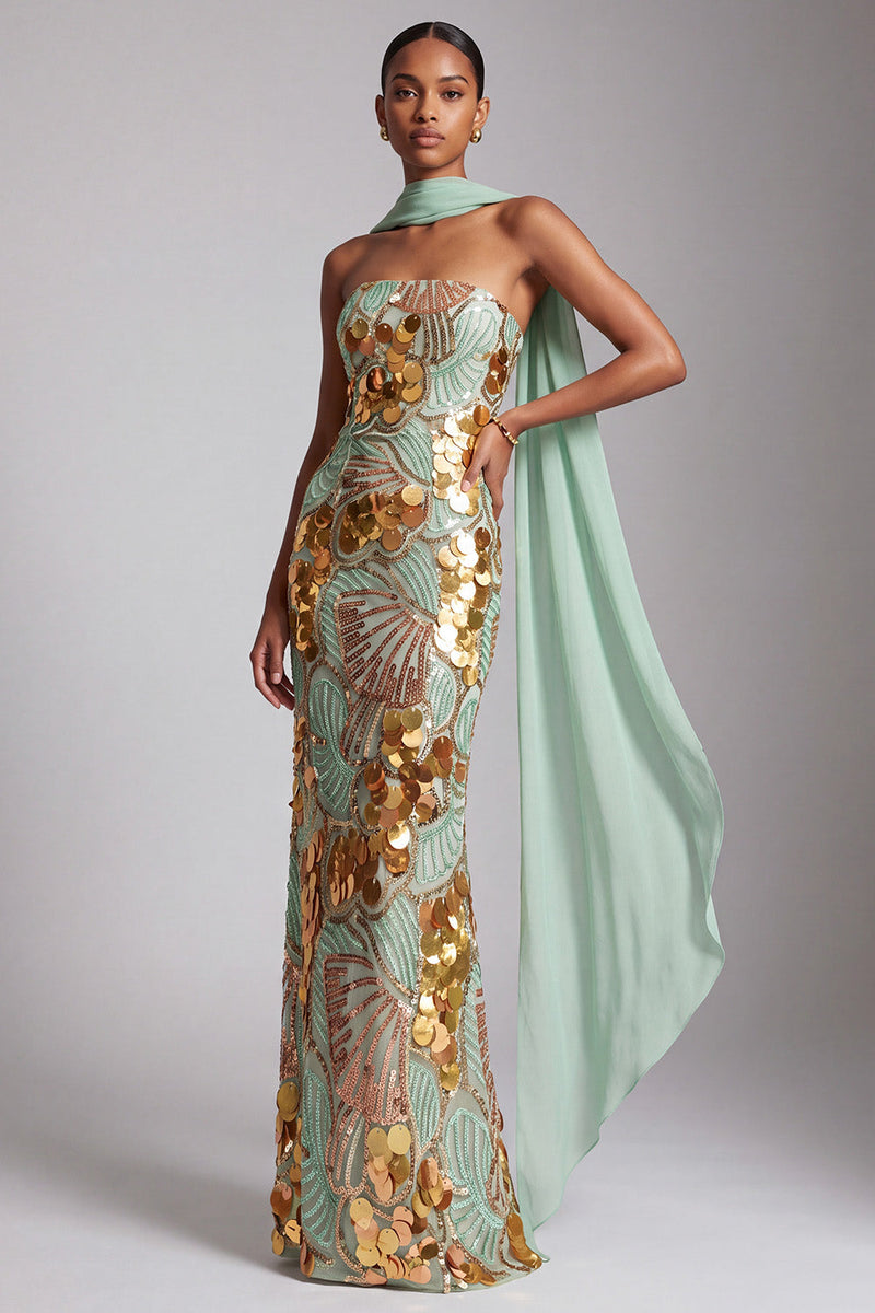 Laden Sie das Bild in den Galerie-Viewer, Trägerloses Goldenes Pailletten Abendkleid mit Chiffon-Drapierung