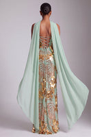 Laden Sie das Bild in den Galerie-Viewer, Trägerloses Goldenes Pailletten Abendkleid mit Chiffon-Drapierung