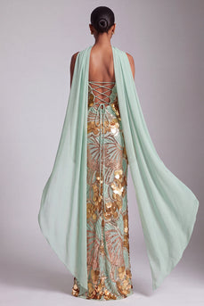 Trägerloses Goldenes Pailletten Abendkleid mit Chiffon-Drapierung
