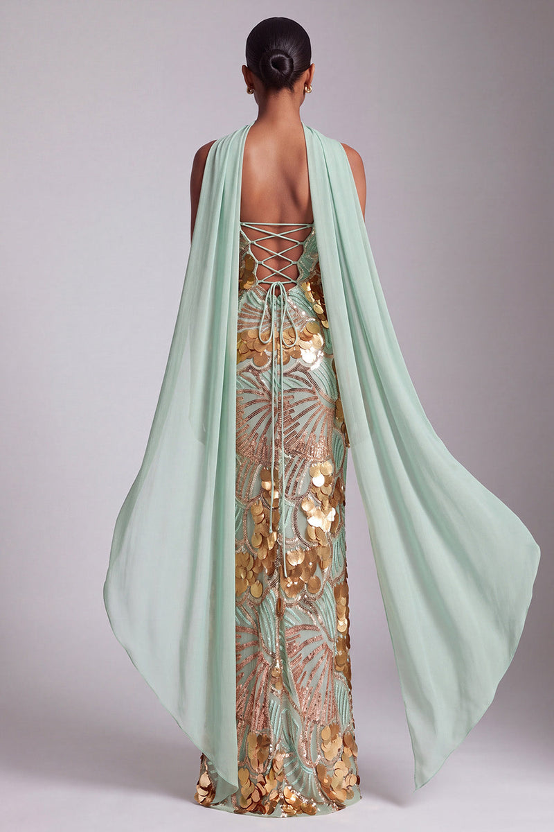 Laden Sie das Bild in den Galerie-Viewer, Trägerloses Goldenes Pailletten Abendkleid mit Chiffon-Drapierung