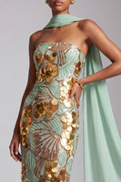 Laden Sie das Bild in den Galerie-Viewer, Trägerloses Goldenes Pailletten Abendkleid mit Chiffon-Drapierung