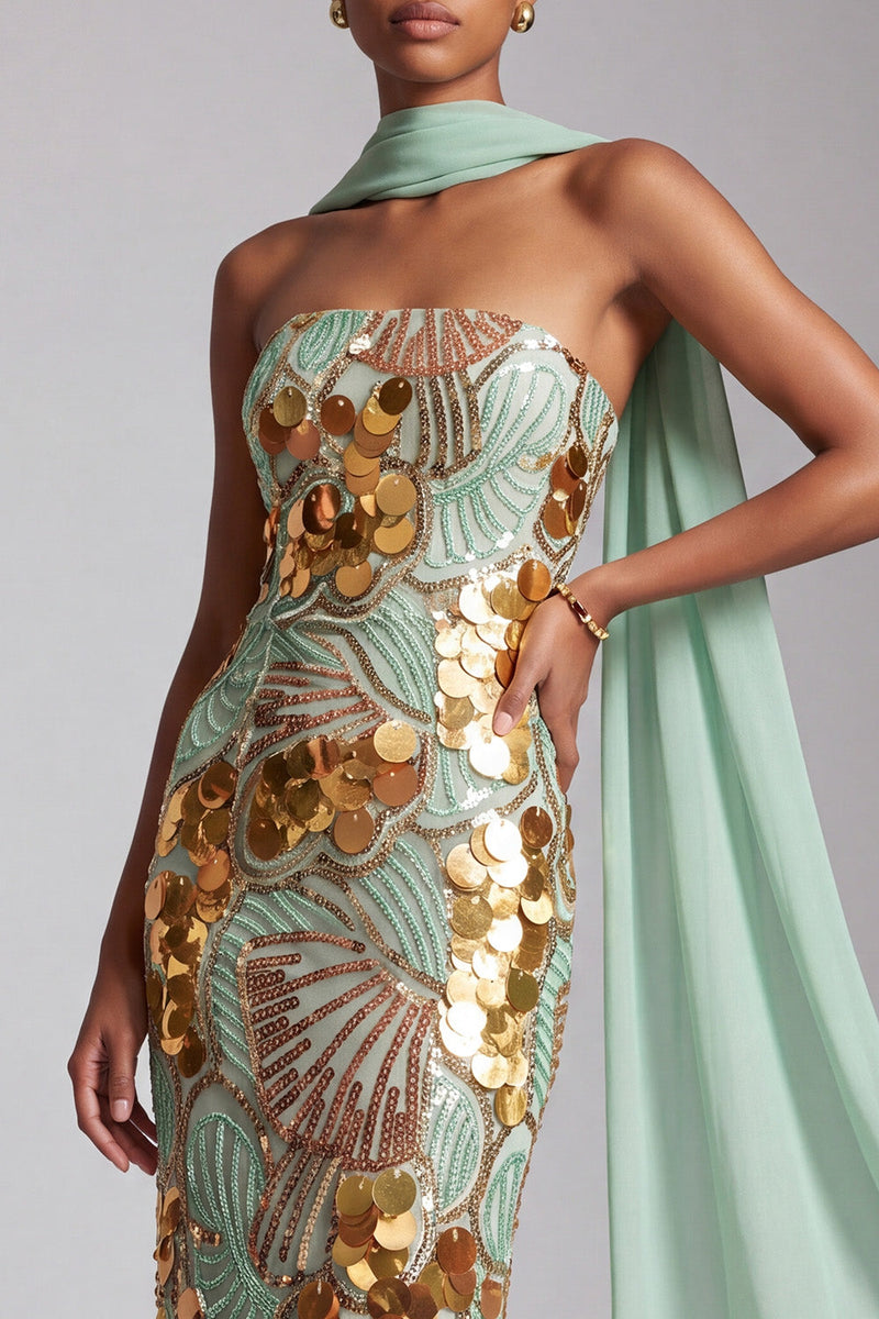 Laden Sie das Bild in den Galerie-Viewer, Trägerloses Goldenes Pailletten Abendkleid mit Chiffon-Drapierung