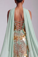 Laden Sie das Bild in den Galerie-Viewer, Trägerloses Goldenes Pailletten Abendkleid mit Chiffon-Drapierung