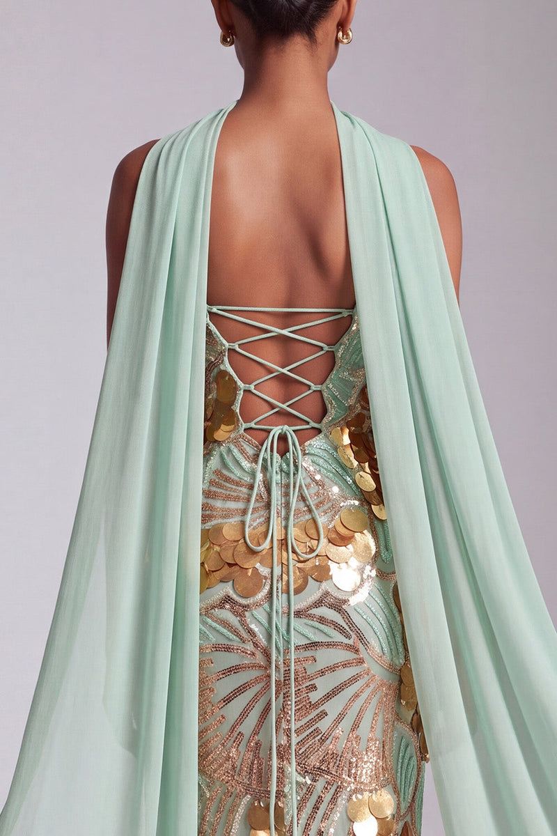 Laden Sie das Bild in den Galerie-Viewer, Trägerloses Goldenes Pailletten Abendkleid mit Chiffon-Drapierung