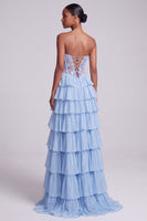 Laden Sie das Bild in den Galerie-Viewer, Hellblaues A-Linie Satin Korsett Transparentes Chiffon Gestuftes Rüschendes Langes Abschlussballkleid mit Schlitz
