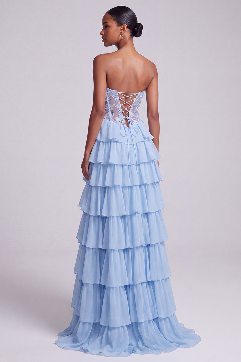 Laden Sie das Bild in den Galerie-Viewer, Hellblaues A-Linie Satin Korsett Transparentes Chiffon Gestuftes Rüschendes Langes Abschlussballkleid mit Schlitz