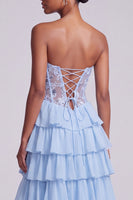 Laden Sie das Bild in den Galerie-Viewer, Hellblaues A-Linie Satin Korsett Transparentes Chiffon Gestuftes Rüschendes Langes Abschlussballkleid mit Schlitz