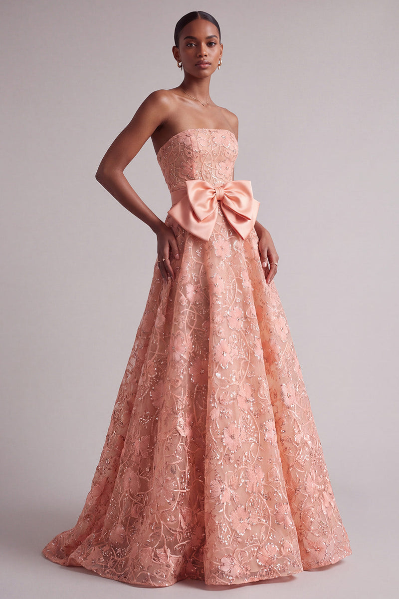 Laden Sie das Bild in den Galerie-Viewer, Pfirsich Trägerloses Florales Stickerei Pailletten A-Linie Langes Ballkleid mit Satinschleife