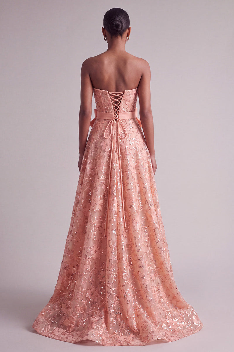 Laden Sie das Bild in den Galerie-Viewer, Pfirsich Trägerloses Florales Stickerei Pailletten A-Linie Langes Ballkleid mit Satinschleife