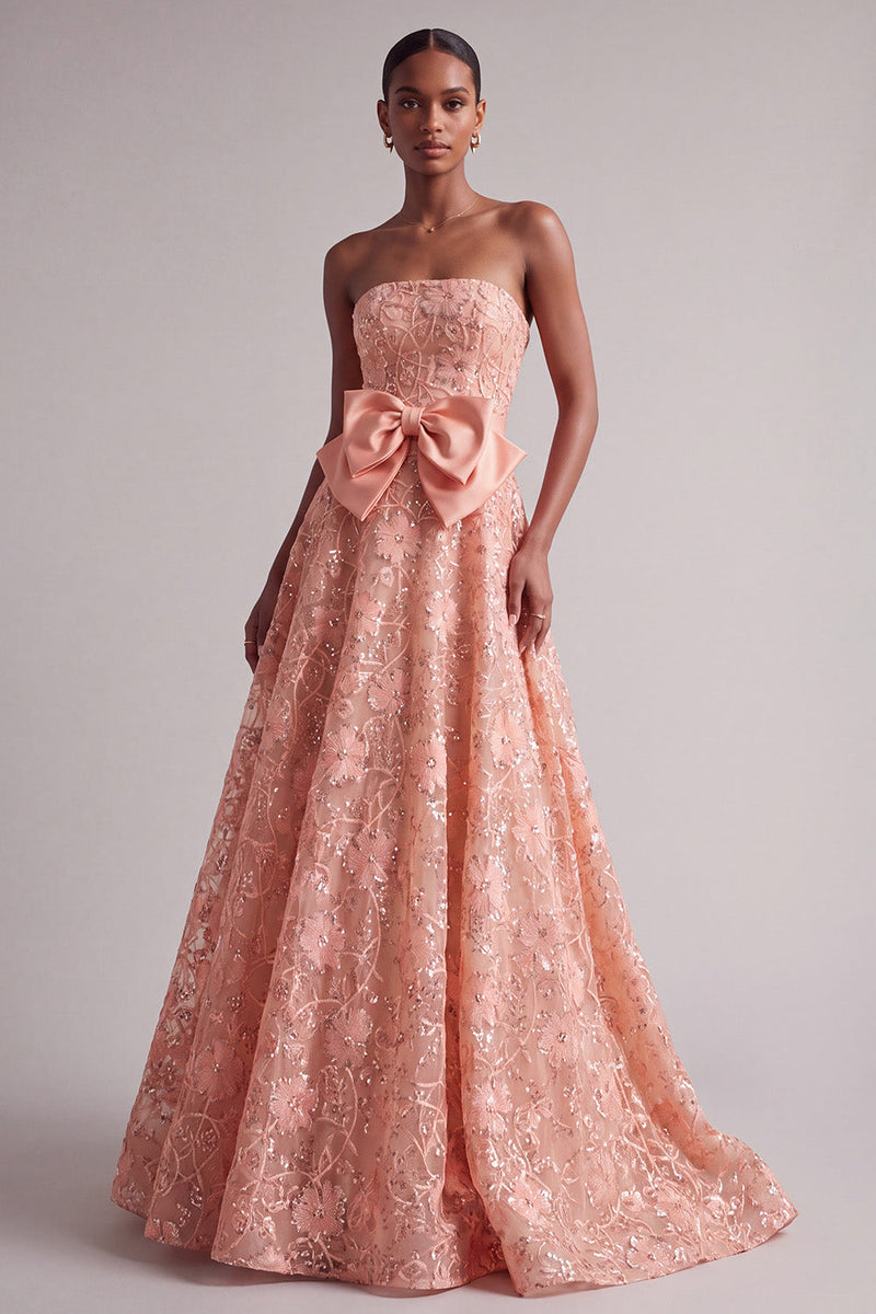 Laden Sie das Bild in den Galerie-Viewer, Pfirsich Trägerloses Florales Stickerei Pailletten A-Linie Langes Ballkleid mit Satinschleife