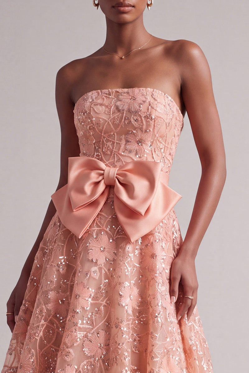 Laden Sie das Bild in den Galerie-Viewer, Pfirsich Trägerloses Florales Stickerei Pailletten A-Linie Langes Ballkleid mit Satinschleife