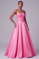 Laden Sie das Bild in den Galerie-Viewer, Leuchtend Rosa Trägerloses Satin Blumensticker Pailletten A-Linie Langes Ballkleid