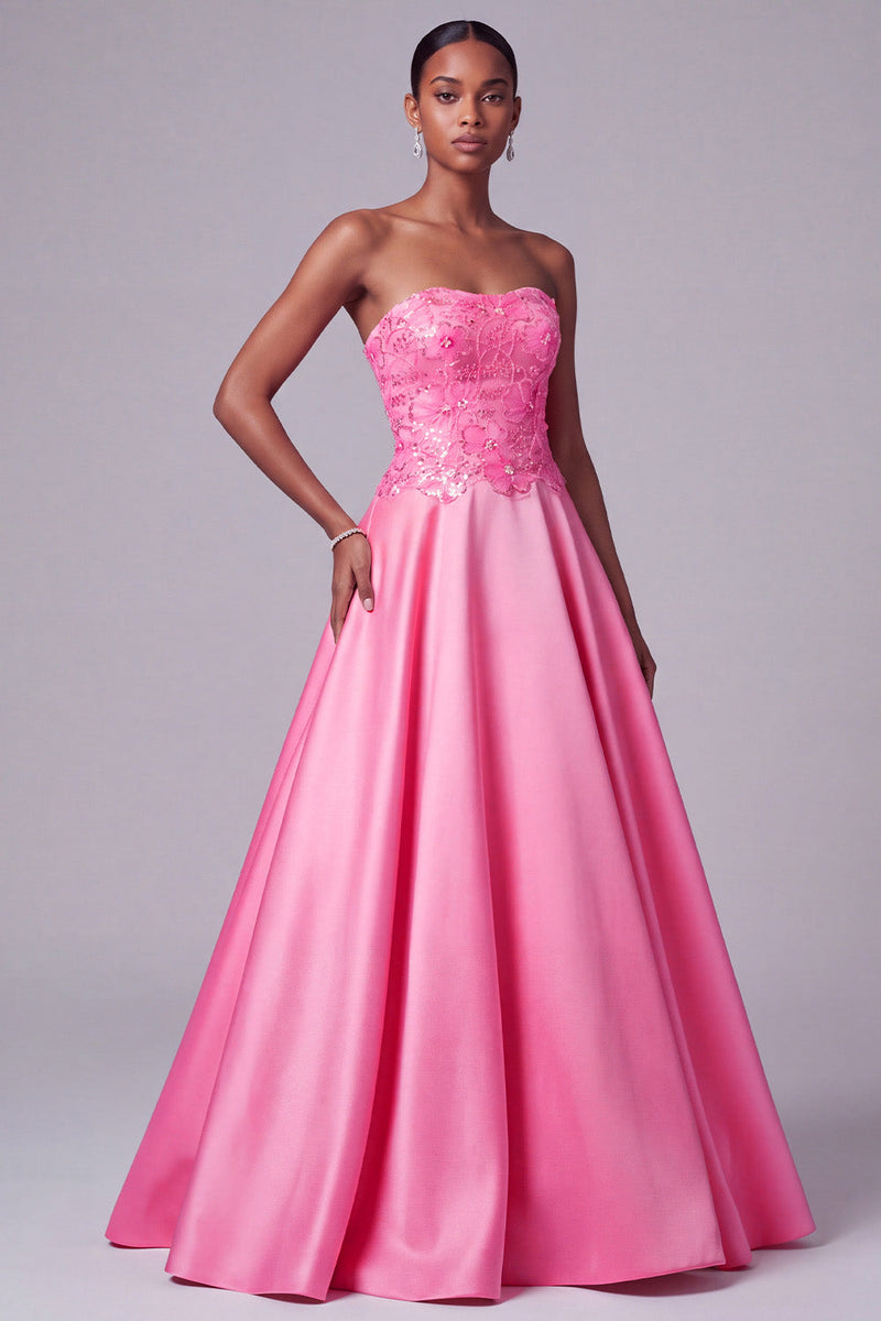 Laden Sie das Bild in den Galerie-Viewer, Leuchtend Rosa Trägerloses Satin Blumensticker Pailletten A-Linie Langes Ballkleid