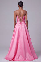 Laden Sie das Bild in den Galerie-Viewer, Leuchtend Rosa Trägerloses Satin Blumensticker Pailletten A-Linie Langes Ballkleid
