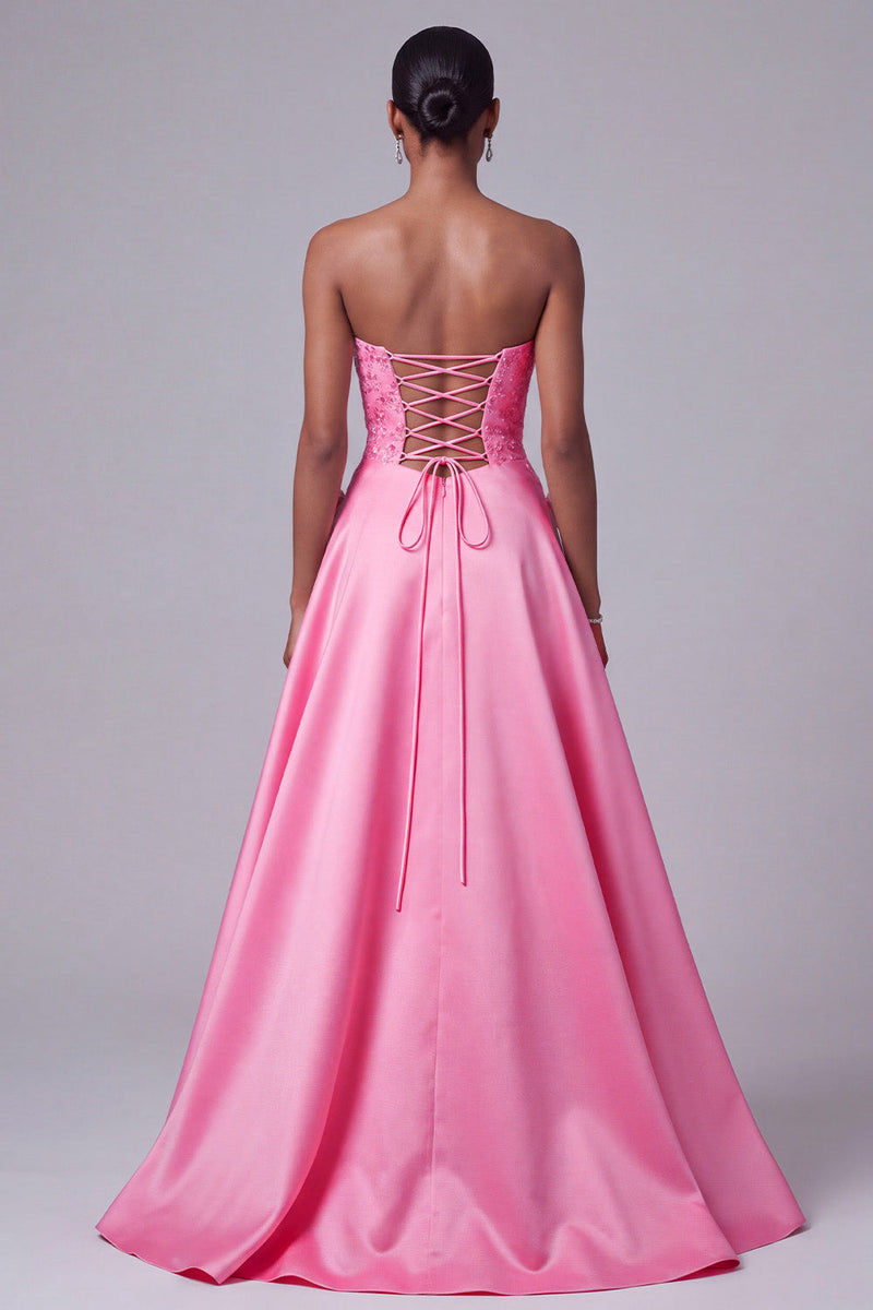 Laden Sie das Bild in den Galerie-Viewer, Leuchtend Rosa Trägerloses Satin Blumensticker Pailletten A-Linie Langes Ballkleid