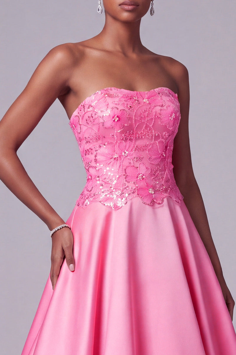Laden Sie das Bild in den Galerie-Viewer, Leuchtend Rosa Trägerloses Satin Blumensticker Pailletten A-Linie Langes Ballkleid