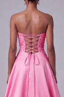 Laden Sie das Bild in den Galerie-Viewer, Leuchtend Rosa Trägerloses Satin Blumensticker Pailletten A-Linie Langes Ballkleid