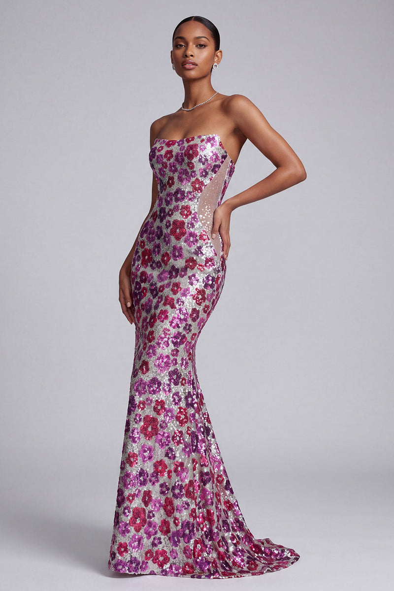Laden Sie das Bild in den Galerie-Viewer, Fuchsia Transparentes Netz Trägerloses Pailletten Blumen Meerjungfrauen Langes Ballkleid mit Sweep-Schleppe