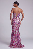 Laden Sie das Bild in den Galerie-Viewer, Fuchsia Transparentes Netz Trägerloses Pailletten Blumen Meerjungfrauen Langes Ballkleid mit Sweep-Schleppe
