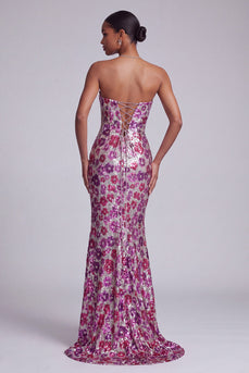 Fuchsia Transparentes Netz Trägerloses Pailletten Blumen Meerjungfrauen Langes Ballkleid mit Sweep-Schleppe