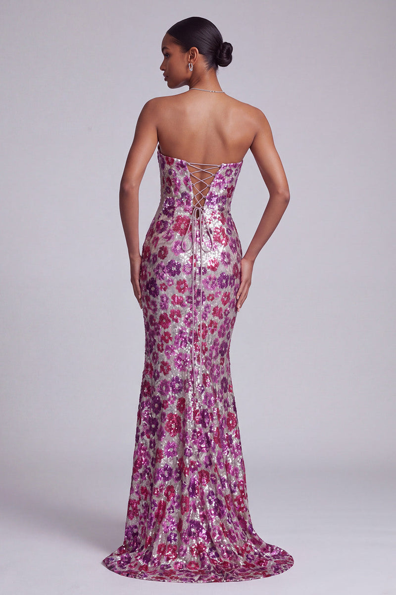 Laden Sie das Bild in den Galerie-Viewer, Fuchsia Transparentes Netz Trägerloses Pailletten Blumen Meerjungfrauen Langes Ballkleid mit Sweep-Schleppe