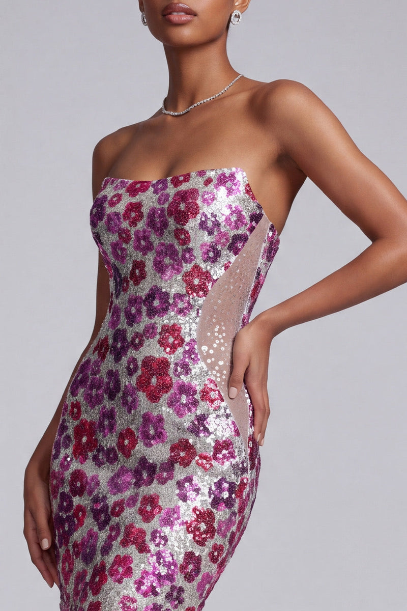 Laden Sie das Bild in den Galerie-Viewer, Fuchsia Transparentes Netz Trägerloses Pailletten Blumen Meerjungfrauen Langes Ballkleid mit Sweep-Schleppe