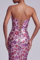 Laden Sie das Bild in den Galerie-Viewer, Fuchsia Transparentes Netz Trägerloses Pailletten Blumen Meerjungfrauen Langes Ballkleid mit Sweep-Schleppe