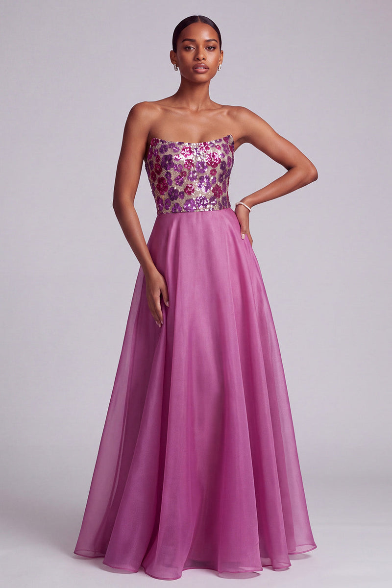 Laden Sie das Bild in den Galerie-Viewer, Fuchsia Pailletten Blumen Trägerloses A-Linie Chiffon Langes Ballkleid