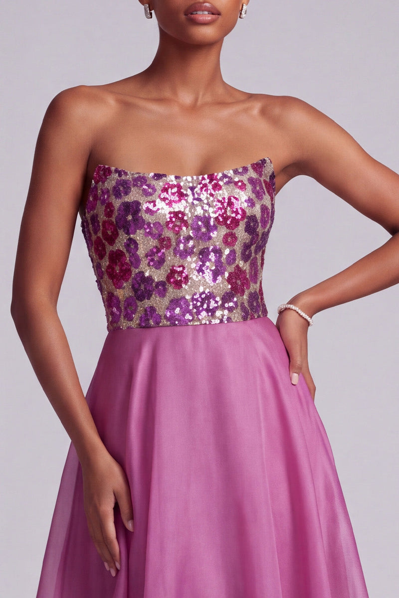 Laden Sie das Bild in den Galerie-Viewer, Fuchsia Pailletten Blumen Trägerloses A-Linie Chiffon Langes Ballkleid