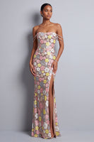 Laden Sie das Bild in den Galerie-Viewer, Rosa Blumen Pailletten Meerjungfrauen Schlitz Langes Abschlussballkleid mit Strassstein