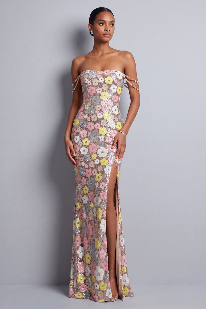 Laden Sie das Bild in den Galerie-Viewer, Rosa Blumen Pailletten Meerjungfrauen Schlitz Langes Abschlussballkleid mit Strassstein